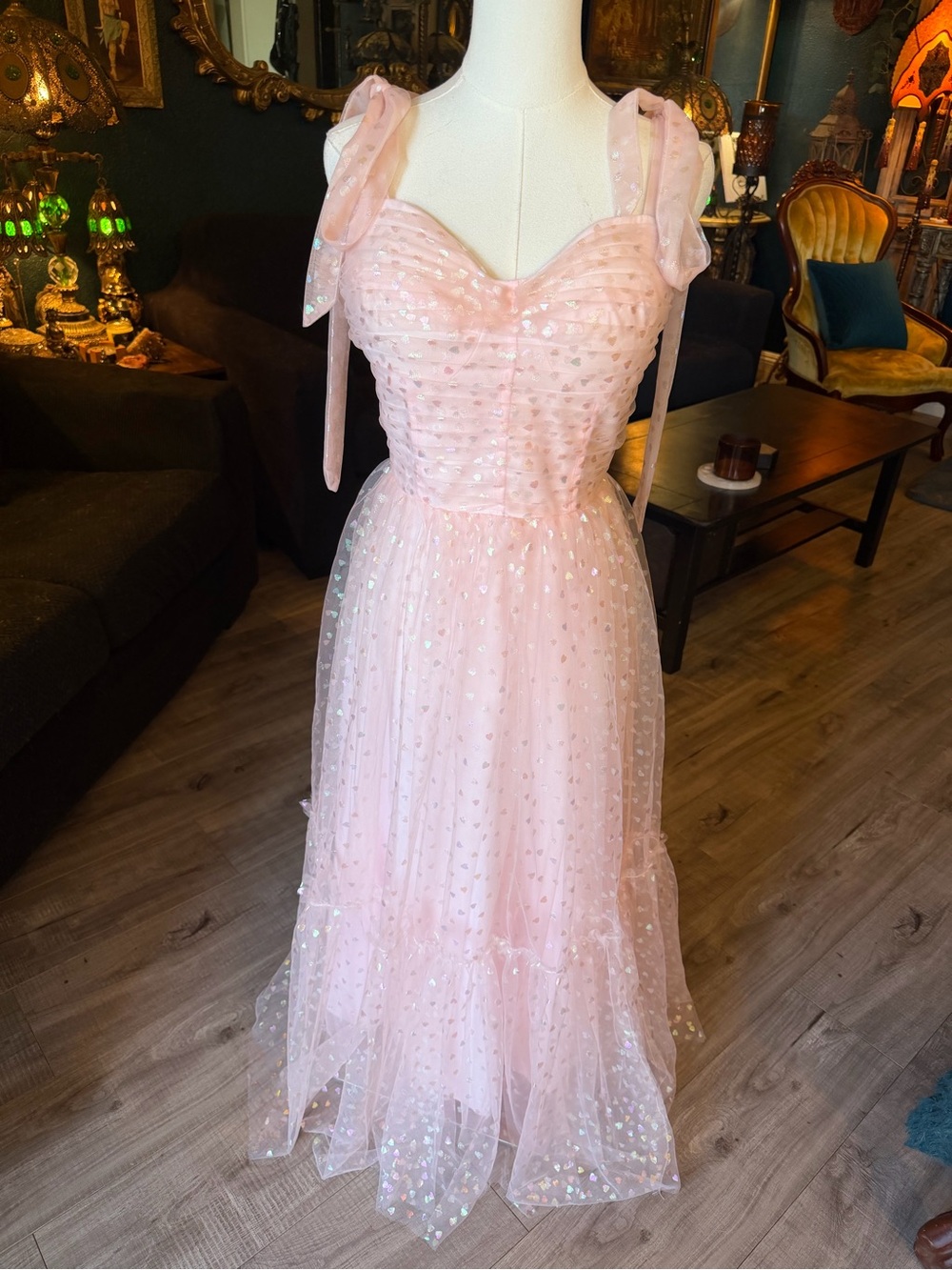 Pink Iridescent Heart Tulle Corset Dress | Fairycore Cottagecore Formal Dress
